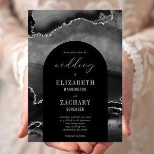 Modern Arch Black Silver Agate Wedding Invitation