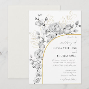 Modern Arch Black White Gold Floral Wreath Wedding Invitation