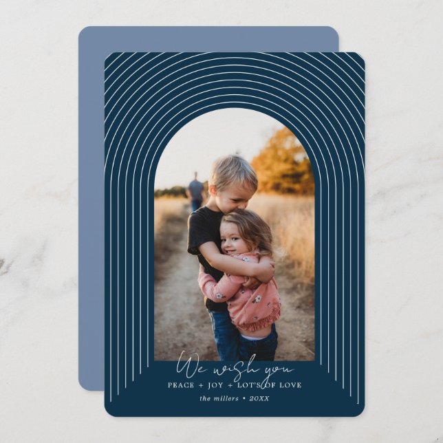 Modern  Arch Blue Christmas Vertical Picture Holiday Card (Front/Back)