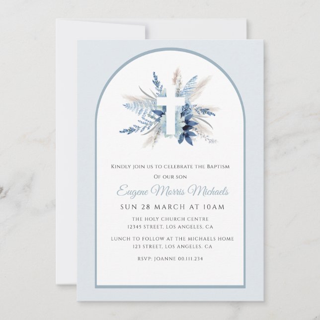 modern arch blue floral baptism invitation (Front)