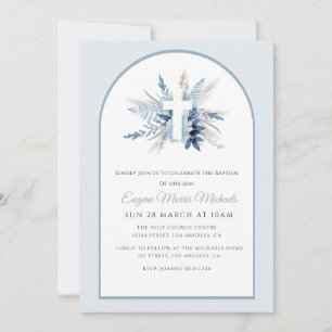 modern arch blue floral baptism invitation