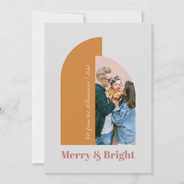 Modern Arch Blush Dusty Pink Grey Merry Photo 2022 Holiday Card (Front)