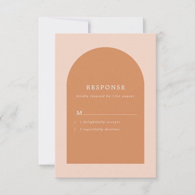 Modern Arch Blush Pink and Terracotta Wedding RSVP Card (Front)