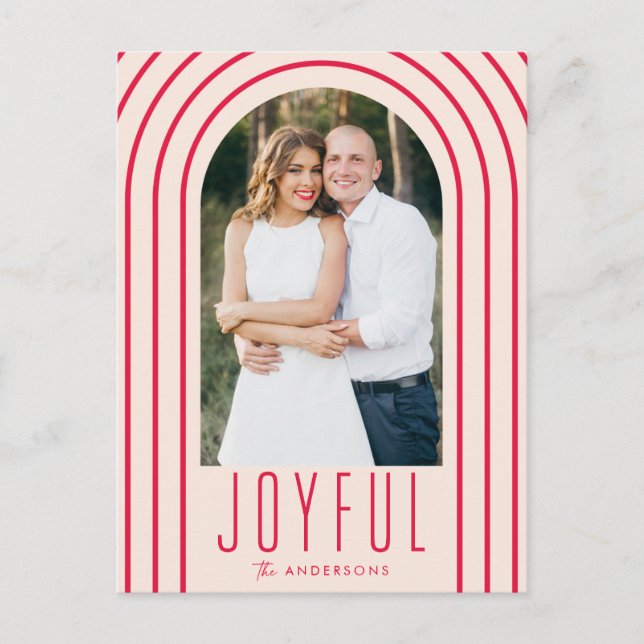 Modern Arch Blush & Red Photo Holiday Postcard (Front)