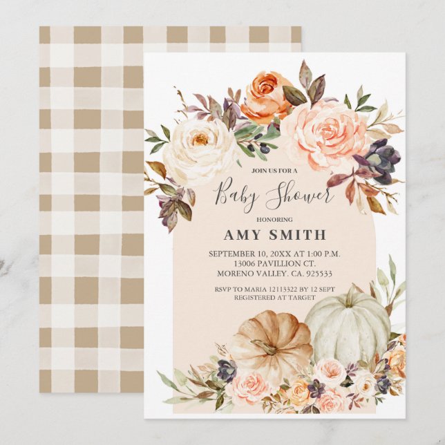 Modern Arch Boho Floral Pumpkin Baby Shower  Invitation (Front/Back)