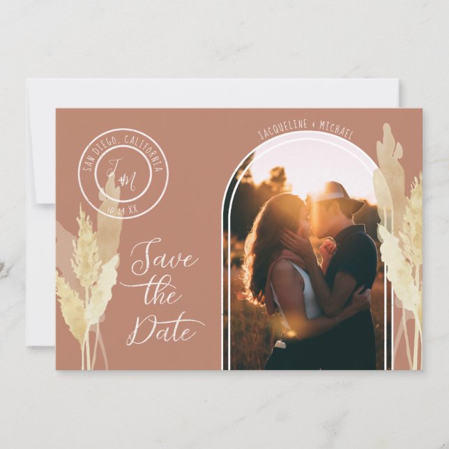 Modern Arch BOHO Pampas Grass Simple Copper Photo Save The Date (Front)
