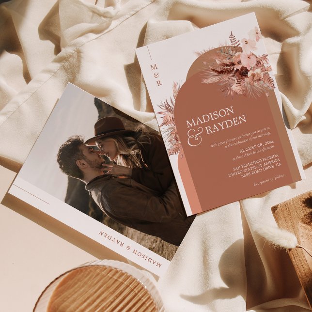 Modern Arch Boho Pampas Grass Terracotta Wedding Invitation (Creator Uploaded)