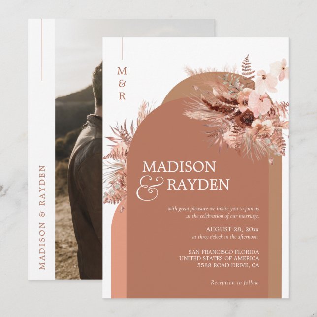 Modern Arch Boho Pampas Grass Terracotta Wedding Invitation (Front/Back)