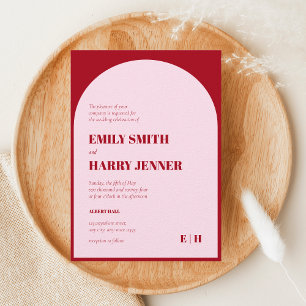 Modern Arch Bold Typography Pink and Red Wedding Invitation