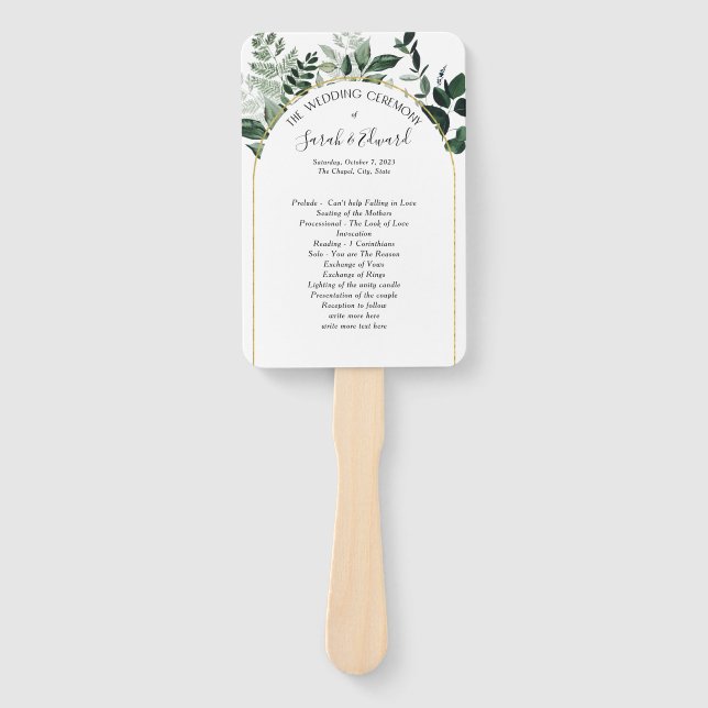 Modern arch botanic greenery wedding program hand fan (Front)