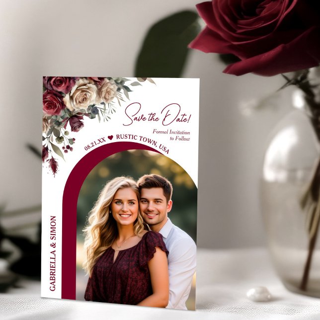 Modern Arch Burgundy & Cream Roses & Photo Wedding Save The Date (Creator Uploaded)