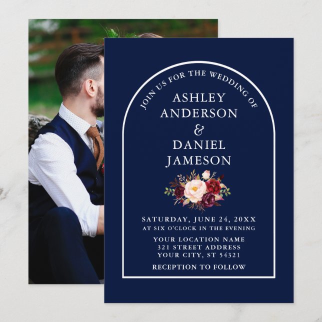 Modern Arch Burgundy Floral Blue Photo Wedding Invitation (Front/Back)