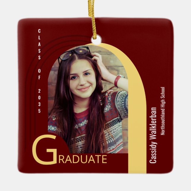 Modern Arch Burgundy Photo Graduation Ceramic Ornament (Front)