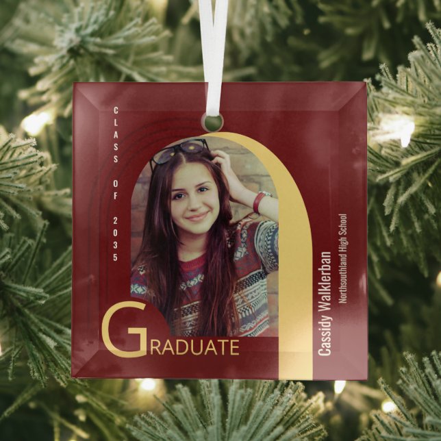 Modern Arch Burgundy Photo Graduation Glass Tree Decoration (Insitu)