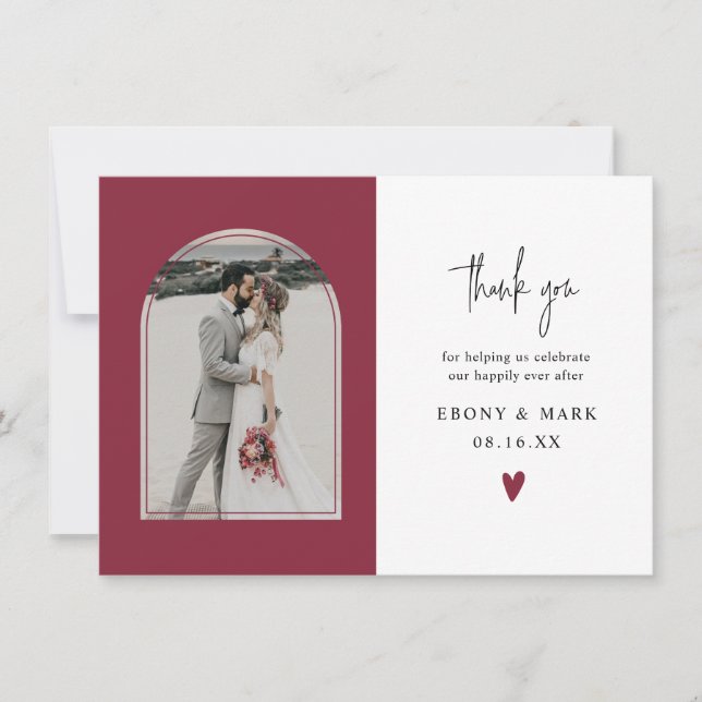 Modern Arch Burgundy Wedding Photo Thank You Card (Front)