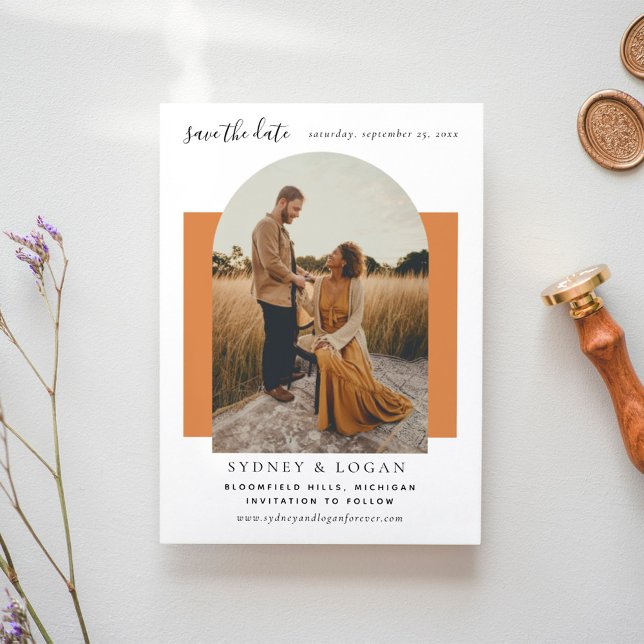 Modern Arch Burnt Orange Wedding Photo Save The Date (Creator Uploaded)