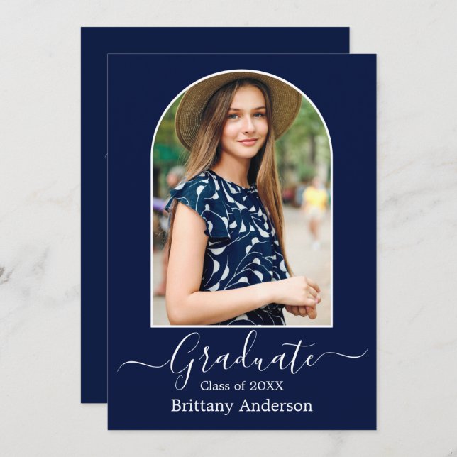 Modern Arch Calligraphy Blue Graduation Party Invitation (Front/Back)