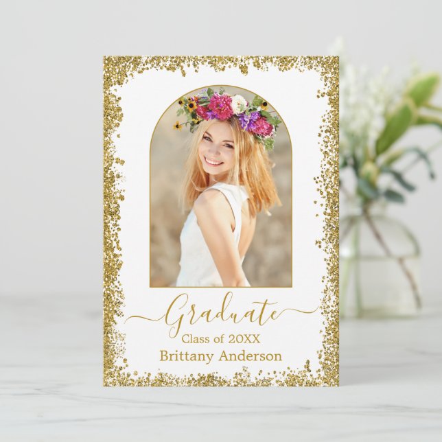 Modern Arch Calligraphy Gold Glitter Graduation Announcement (Standing Front)