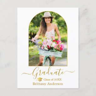 Modern Arch Calligraphy Photo Gold Cap Graduation Postcard