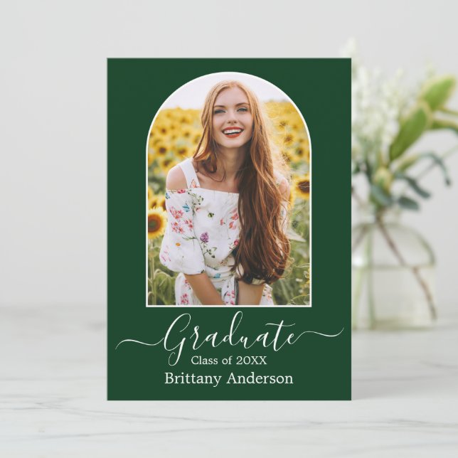 Modern Arch Calligraphy Photo Green Graduation Announcement (Standing Front)