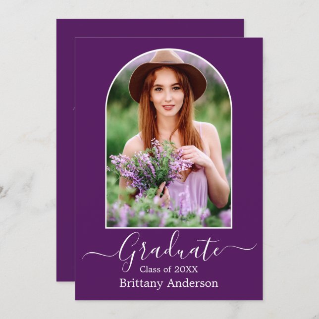 Modern Arch Calligraphy Purple Graduation Party Invitation (Front/Back)