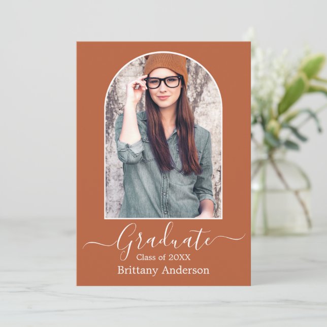 Modern Arch Calligraphy Terracotta Graduation  Announcement (Standing Front)