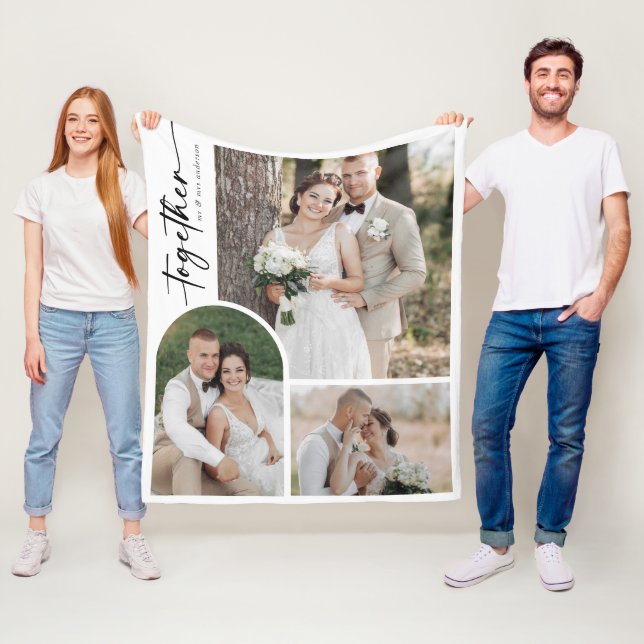 Modern Arch Calligraphy Together Wedding Photo Fleece Blanket (In Situ)
