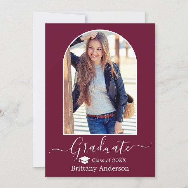 Modern Arch Cap Calligraphy Burgundy Graduation Announcement (Front)