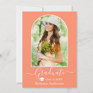 Modern Arch Cap Calligraphy Coral Peach Graduation Announcement