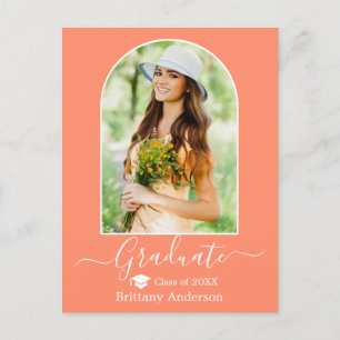 Modern Arch Cap Calligraphy Coral Peach Graduation Postcard