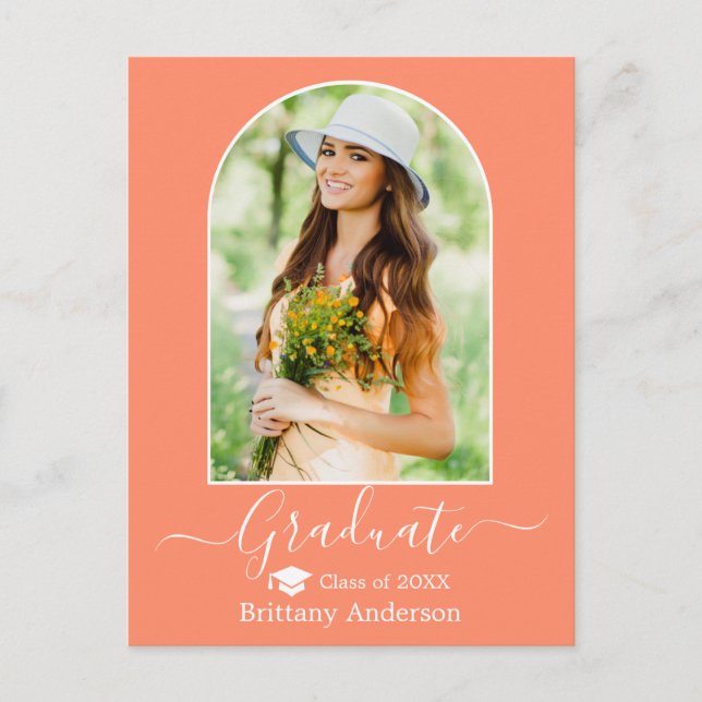 Modern Arch Cap Calligraphy Coral Peach Graduation Postcard (Front)