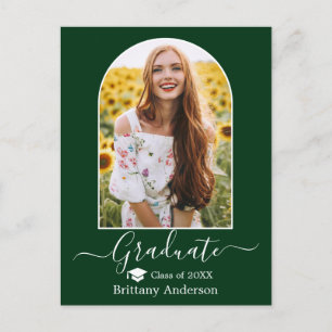 Modern Arch Cap Calligraphy Green Graduation Postcard