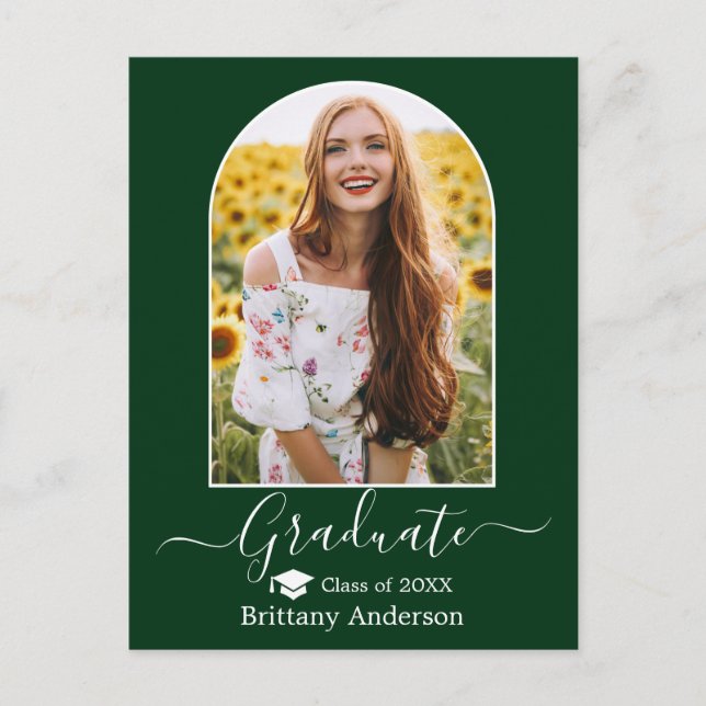 Modern Arch Cap Calligraphy Green Graduation Postcard (Front)