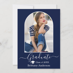 Modern Arch Cap Calligraphy Photo Blue Graduation Announcement