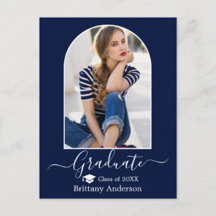 Modern Arch Cap Calligraphy Photo Blue Graduation  Postcard