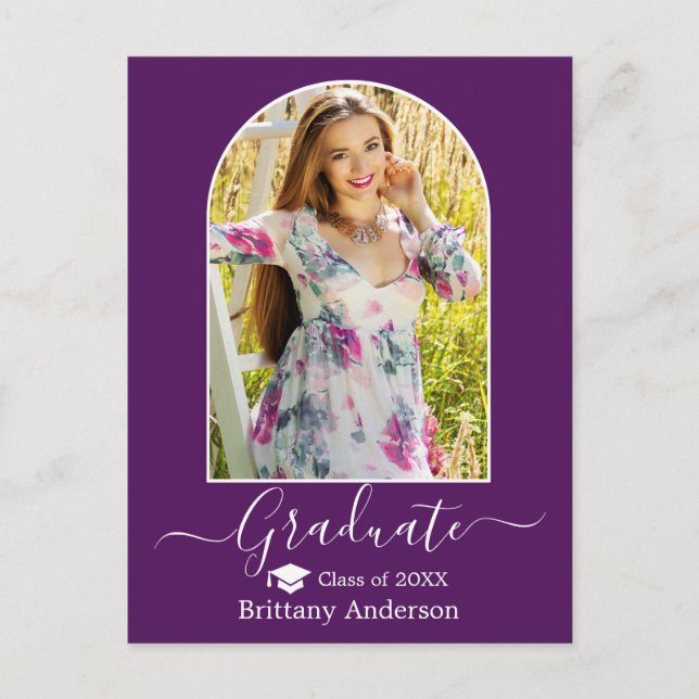 Modern Arch Cap Calligraphy Purple Graduation Postcard (Front)