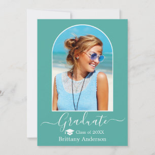 Modern Arch Cap Calligraphy Teal Graduation Announcement