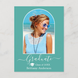 Modern Arch Cap Calligraphy Teal Graduation Postcard