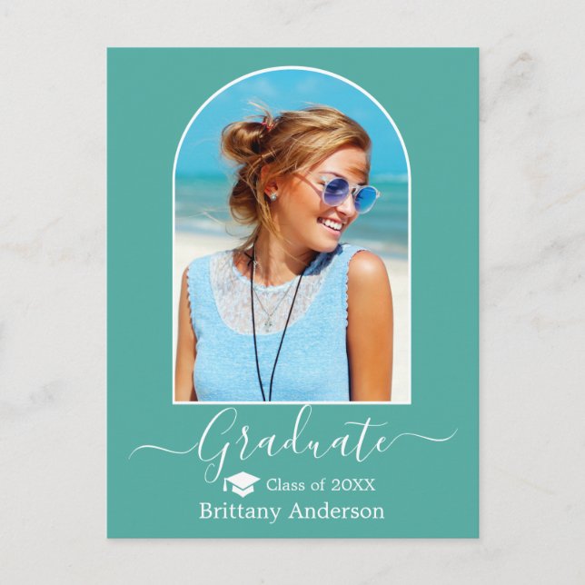 Modern Arch Cap Calligraphy Teal Graduation Postcard (Front)