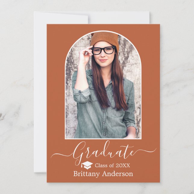 Modern Arch Cap Calligraphy Terracotta Graduation Announcement (Front)