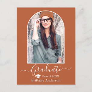 Modern Arch Cap Calligraphy Terracotta Graduation Postcard