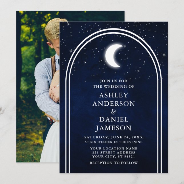 Modern Arch Celestial Moon Stars Photo Wedding Invitation (Front/Back)