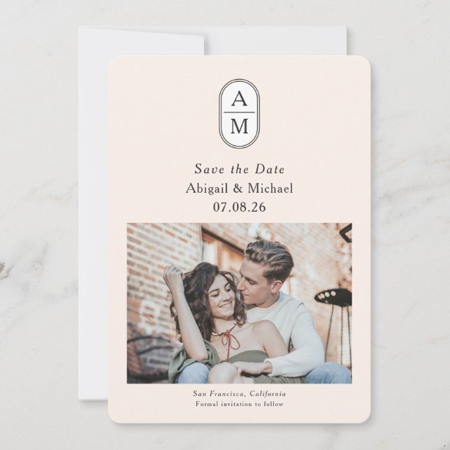 Modern arch couple photo with initials save the date (Front)