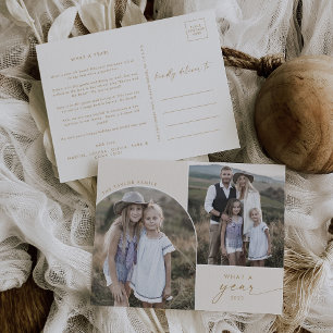 Modern Arch Cream 3 Family Photos What A Year Holiday Postcard