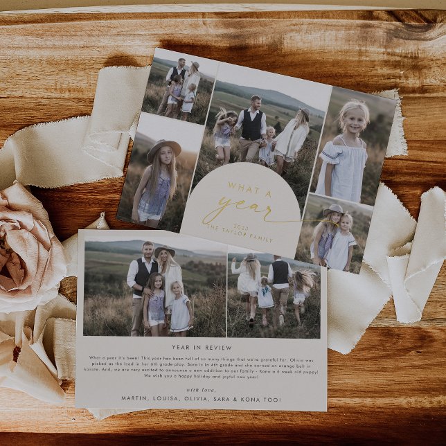 Modern Arch | Cream Foil Multi Photo What A Year Foil Holiday Card (Creator Uploaded)