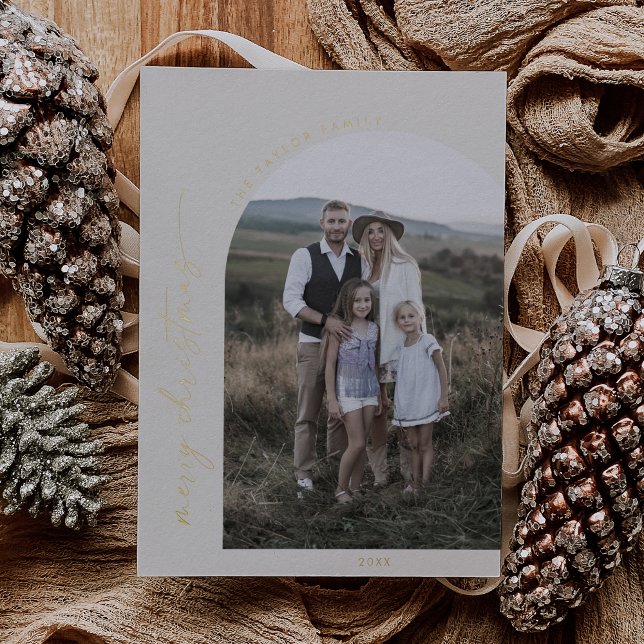 Modern Arch Cream Gold Foil Merry Christmas Photo Holiday Card (Creator Uploaded)