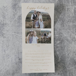 Modern Arch   Cream Happy Holidays Photo Collage Tri-Fold Holiday Card