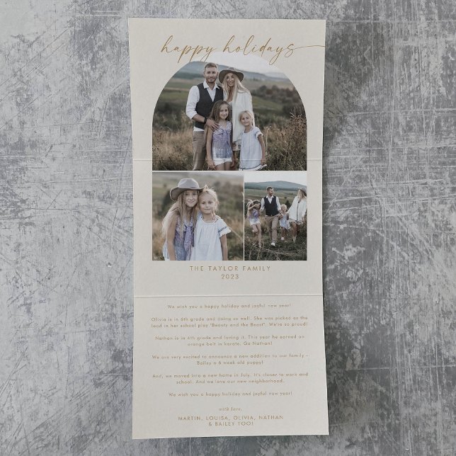 Modern Arch | Cream Happy Holidays Photo Collage Tri-Fold Holiday Card (Creator Uploaded)