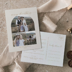 Modern Arch Cream Photo Collage Family Christmas Holiday Postcard