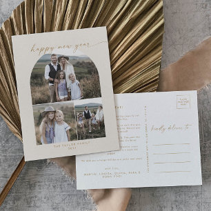 Modern Arch   Cream Photo Collage Family New Years Holiday Postcard